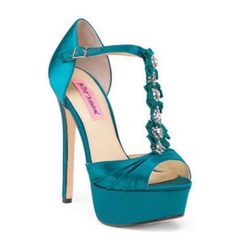 Betsey Johnson Elizabeth Teal Satin Platform Heels